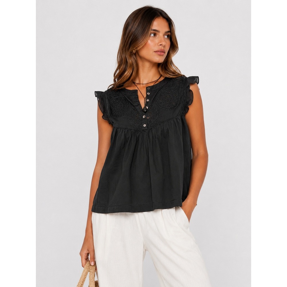 Indi‎ & Cold Black Embroidered Boho Ruffle Cap Sleeve 100% Cotton Top S